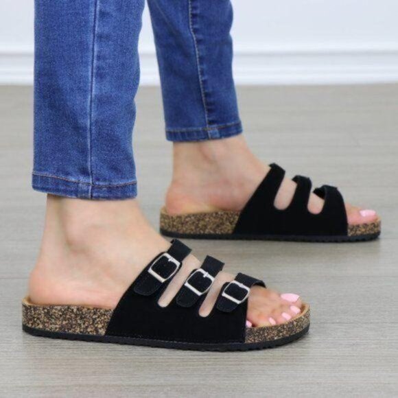 Black Velvet 3 Buckle Strap Slider Sandals - Picture 4 of 7